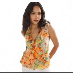WHBM Tropical Floral V-Neck Sleeveless Blouse w/ Ruffle Peplum Hem Sz M
